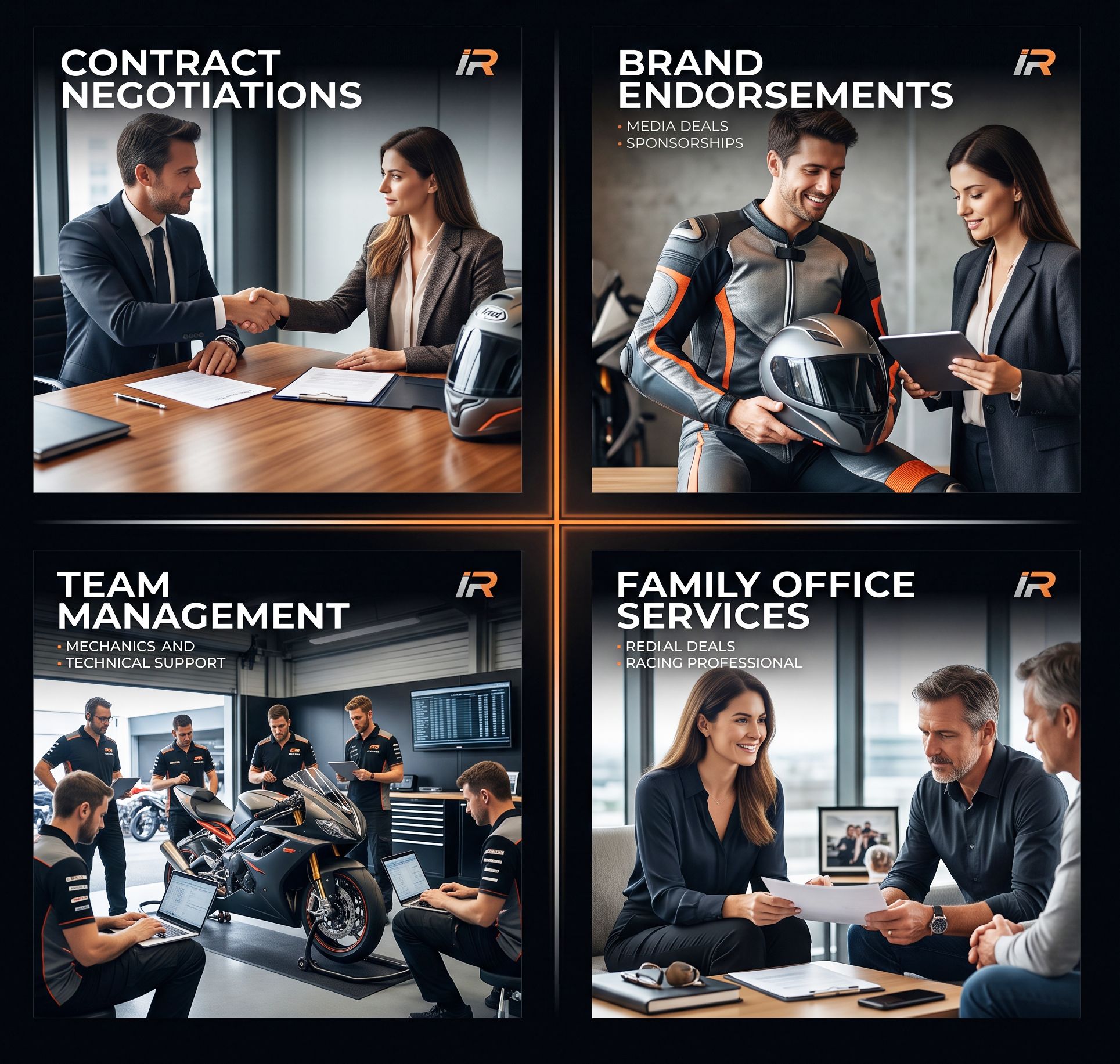 Four-panel collage of International Racers services: contract negotiations, brand endorsements, team management and family office services